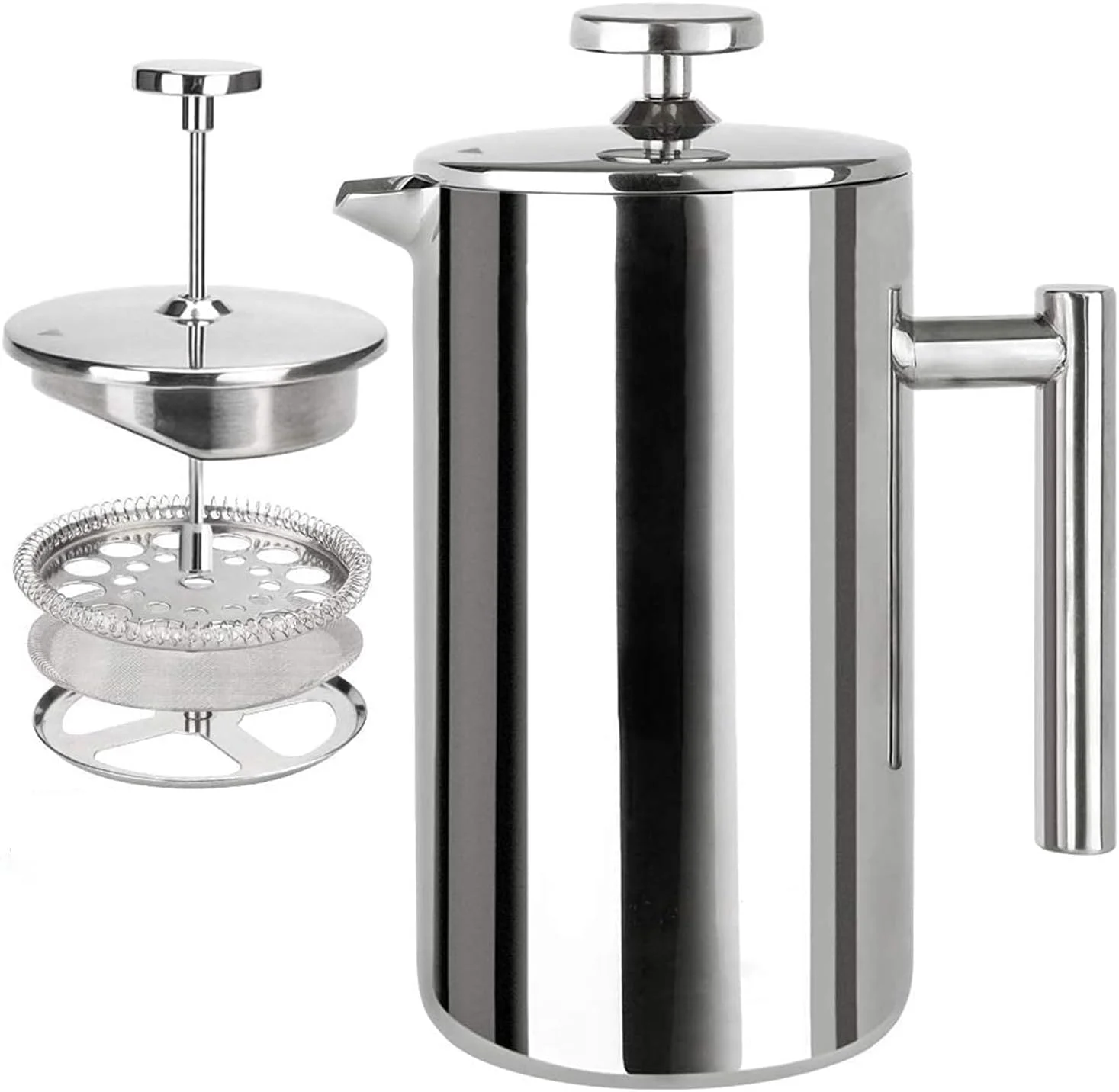 قهوه ساز فرنچ پرس استیل ضد زنگ 800 میلی لیتر، پرس قهوه عایق فلزی دو جداره با سیستم فیلتراسیون 4 لایه، ضد زنگ، قابل شستشو در ماشین ظرفشویی