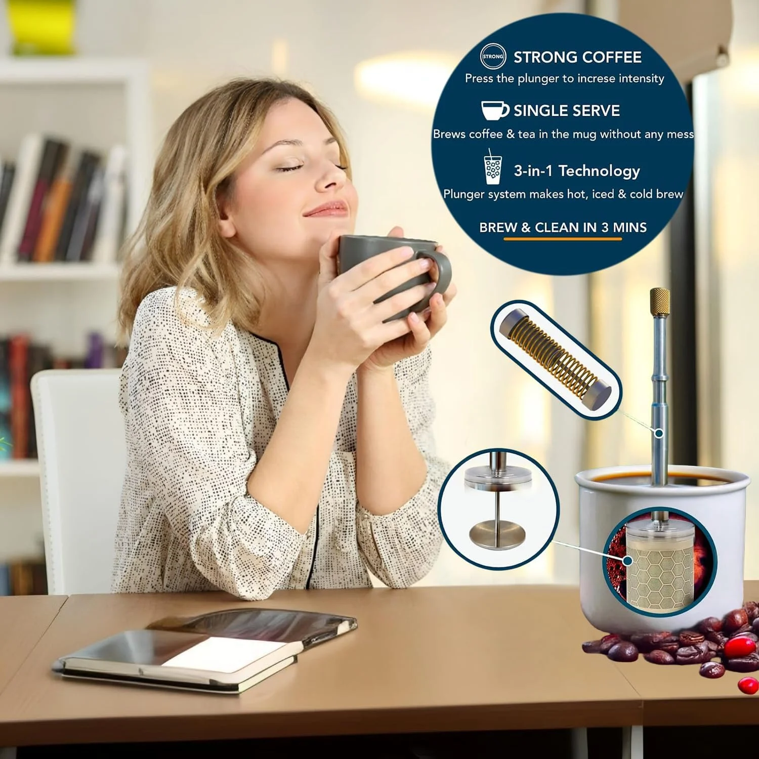 دستگاه قهوه ساز قابل حمل Angju - چای ساز و قهوه ساز استیل ضد زنگ با فیلتر قابل استفاده مجدد، پیستون دم آور برای خانه و مسافرت