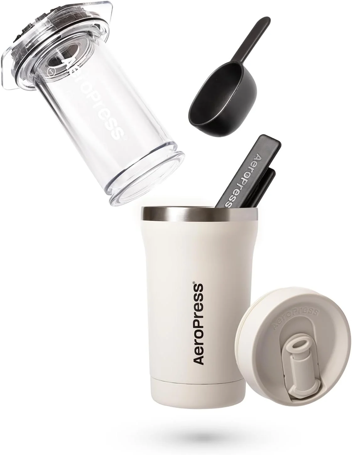 AeroPress Go Plus، قهوه ساز کوچک و قابل حمل برای مسافرت و کمپینگ - روش دم آوری 3 در 1 ترکیبی از فرنچ پرس، پوراور، اسپرسو، قهوه ای با بدنه کامل بدون تلخی، کیت پرس قهوه - کرم