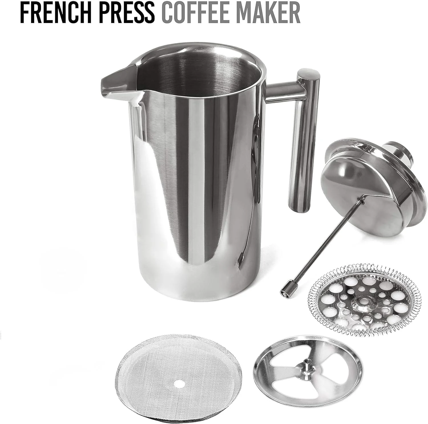 قهوه ساز فرنچ پرس استیل ضد زنگ 800 میلی لیتر، پرس قهوه عایق فلزی دو جداره با سیستم فیلتراسیون 4 لایه، ضد زنگ، قابل شستشو در ماشین ظرفشویی