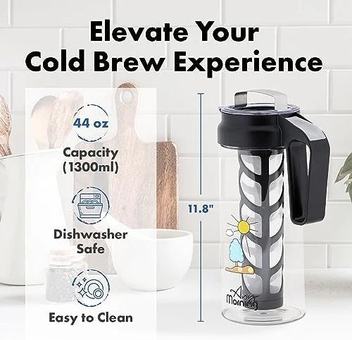قهوه ساز دم سرد Any Morning، دم آور قهوه برای قهوه یخی و چای یخی، پارچ شیشه ای بوروسیلیکات بادوام، فیلتر توری قابل جابجایی، 1300 میلی لیتر