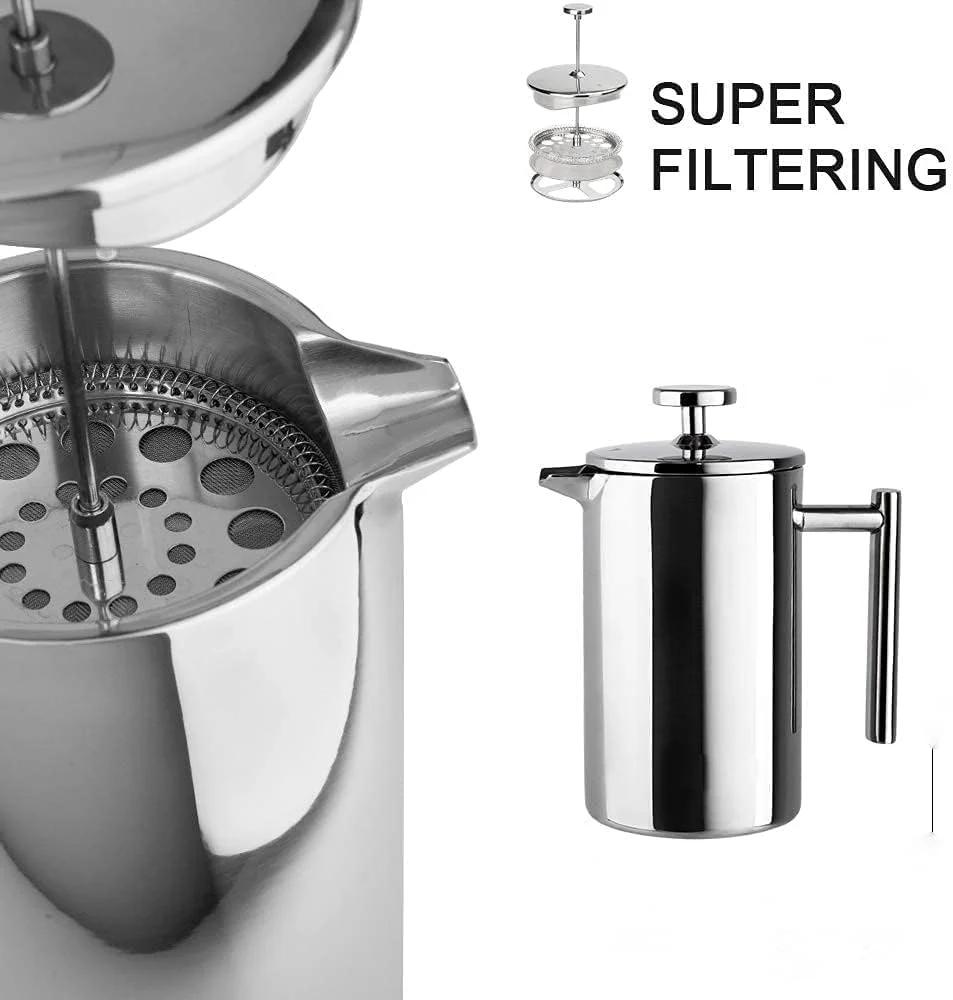 قهوه ساز فرنچ پرس استیل ضد زنگ 800 میلی لیتر، پرس قهوه عایق فلزی دو جداره با سیستم فیلتراسیون 4 لایه، ضد زنگ، قابل شستشو در ماشین ظرفشویی