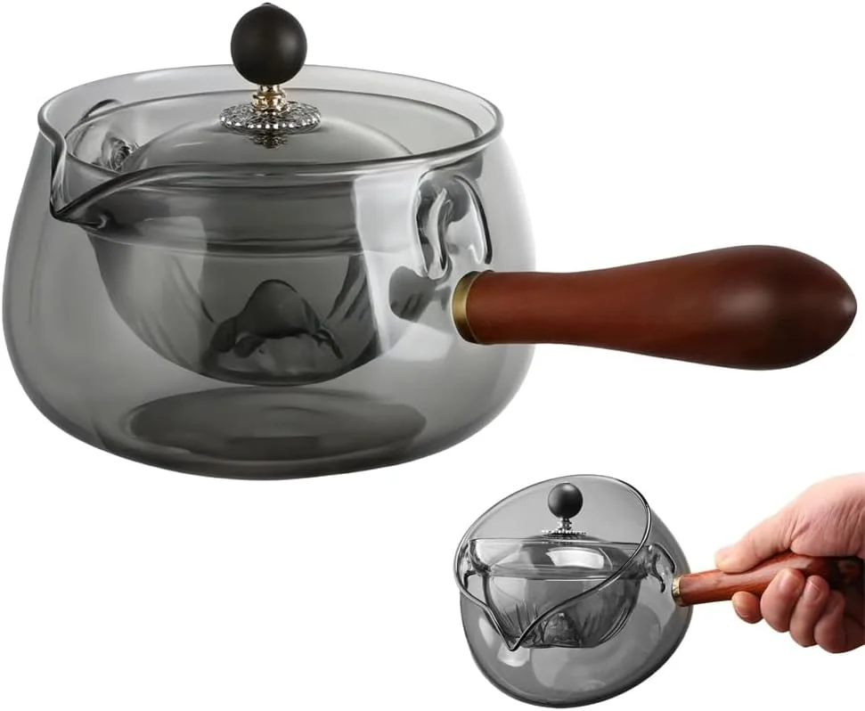 قوری شیشه ای چرخشی 360 درجه با صافی، پیرکس بوروسیلیکات مقاوم در برابر حرارت، قابل استفاده روی اجاق گاز، دسته چوبی، قوری به سبک ژاپنی، ظرفیت 600 میلی لیتر، قوری شفاف