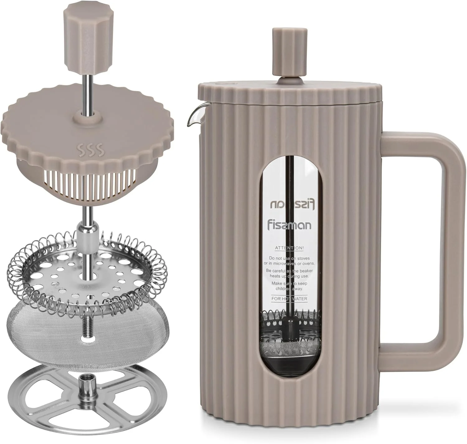 قهوه ساز و چای ساز فرنچ پرس فیسمن 600 میلی لیتر، شیشه بوروسیلیکات ضخیم مقاوم در برابر حرارت، پرس قهوه و چای استیل ضد زنگ، فرنچ پرس قهوه دم کرده سرد و گرم (بژ)