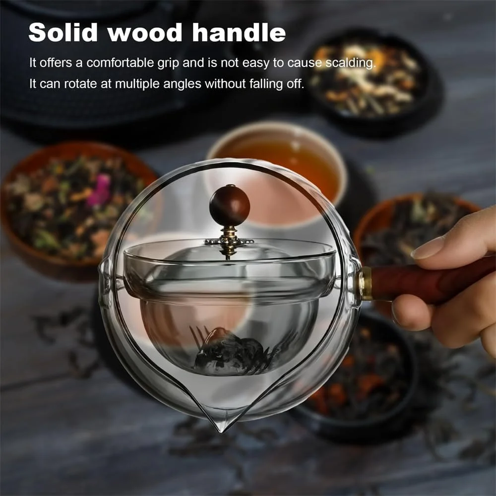 قوری شیشه ای چرخشی 360 درجه با صافی، پیرکس بوروسیلیکات مقاوم در برابر حرارت، قابل استفاده روی اجاق گاز، دسته چوبی، قوری به سبک ژاپنی، ظرفیت 600 میلی لیتر، قوری شفاف