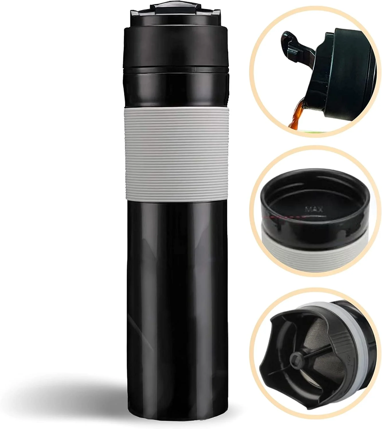 قهوه ساز فرنچ پرس مسافرتی 2 در 1 NALACAL، قمقمه قابل حمل 350 میلی لیتری، مشکی، نوشیدنی ها را برای ساعت ها گرم نگه می دارد، ایده آل برای رفت و آمد، کمپینگ، کار و مدرسه