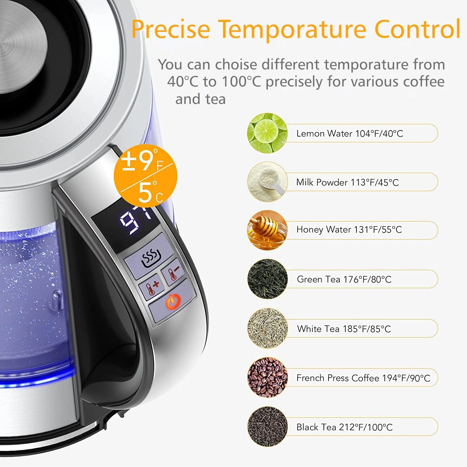 کتری برقی شیشه ای با کنترل دمای قابل تنظیم و صافی جداشدنی 1.7 لیتری 2200 وات. دستگاه چای ساز با برنامه های دم آوری. دیگ شیشه ای استیل ضد زنگ، فاقد BPA