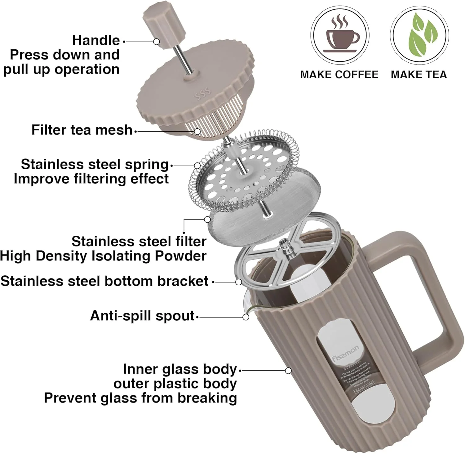 قهوه ساز و چای ساز فرنچ پرس فیسمن 600 میلی لیتر، شیشه بوروسیلیکات ضخیم مقاوم در برابر حرارت، پرس قهوه و چای استیل ضد زنگ، فرنچ پرس قهوه دم کرده سرد و گرم (بژ)