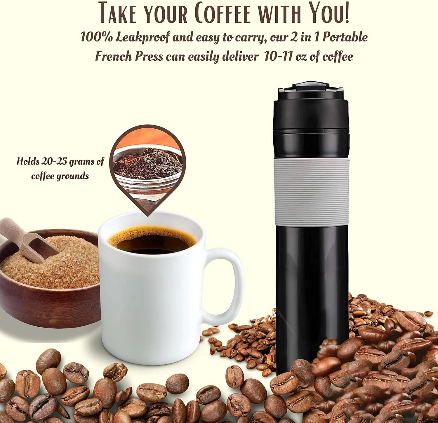 قهوه ساز فرنچ پرس مسافرتی 2 در 1 NALACAL، قمقمه قابل حمل 350 میلی لیتری، مشکی، نوشیدنی ها را برای ساعت ها گرم نگه می دارد، ایده آل برای رفت و آمد، کمپینگ، کار و مدرسه