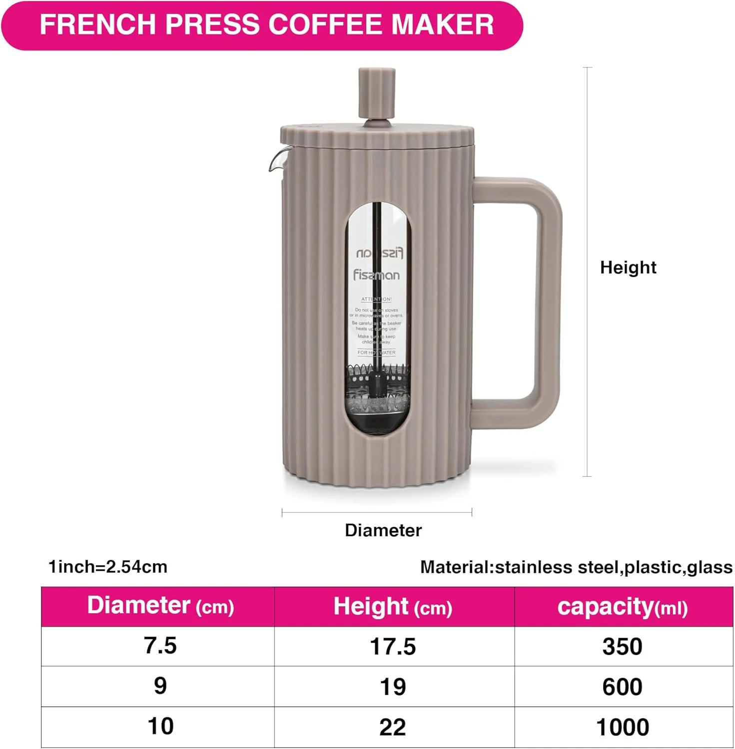 قهوه ساز و چای ساز فرنچ پرس فیسمن 350 میلی لیتر، شیشه بوروسیلیکات ضخیم مقاوم در برابر حرارت، پرس قهوه و چای استیل ضد زنگ، فرنچ پرس قهوه دم سرد و گرم (بژ)