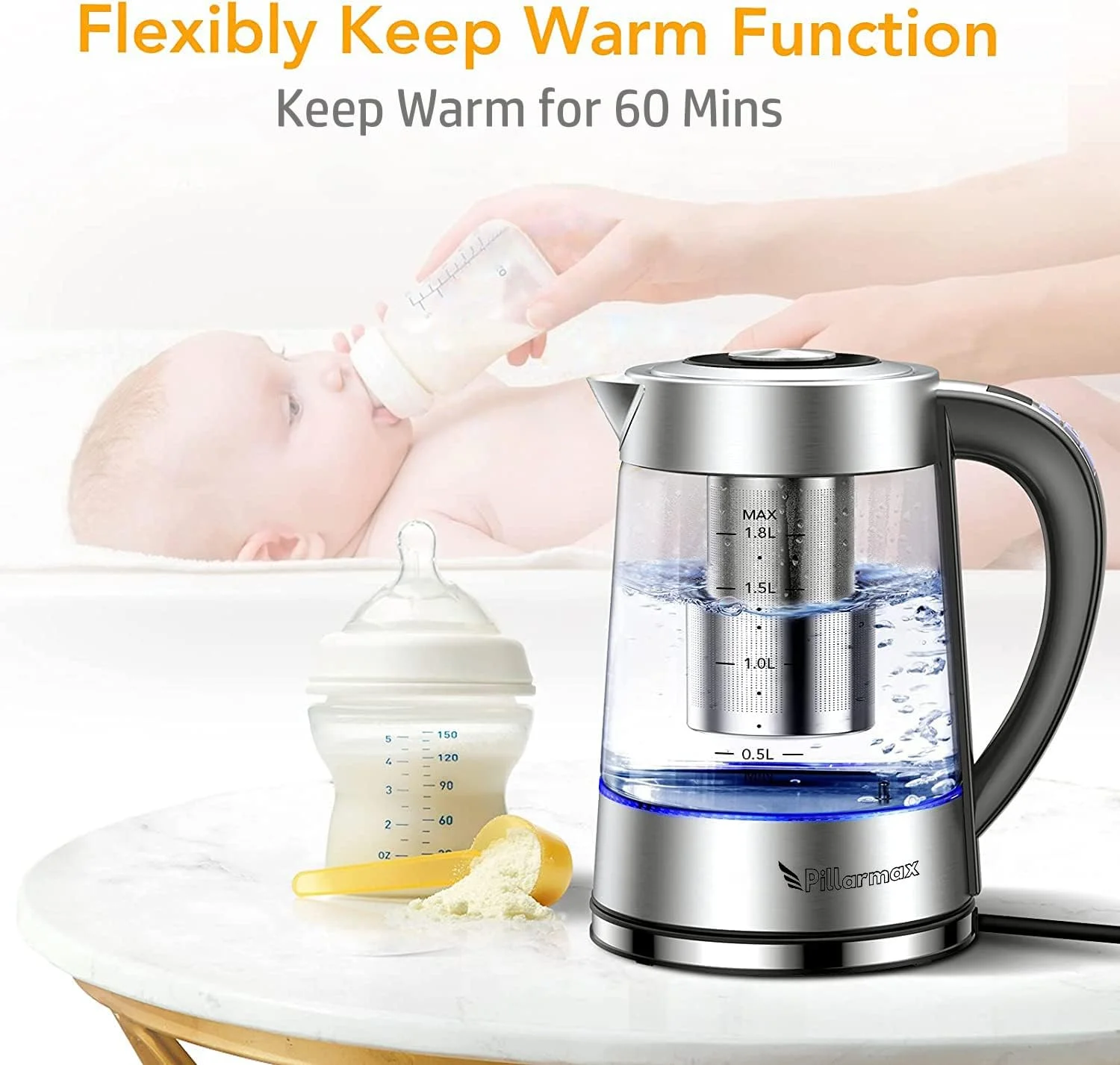 کتری برقی شیشه ای با کنترل دمای قابل تنظیم و صافی جداشدنی 1.7 لیتری 2200 وات. دستگاه چای ساز با برنامه های دم آوری. دیگ شیشه ای استیل ضد زنگ، فاقد BPA