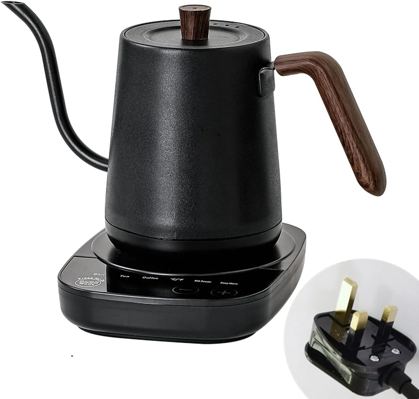 کتری برقی گردن غازی جورانب با کنترل دما 0.8 لیتری، 4 حالت مختلف برای تهیه قهوه و چای، دسته چوبی، داخل استیل ضد زنگ 100% با طراحی ضد نشت، گرمایش سریع 1000 واتی