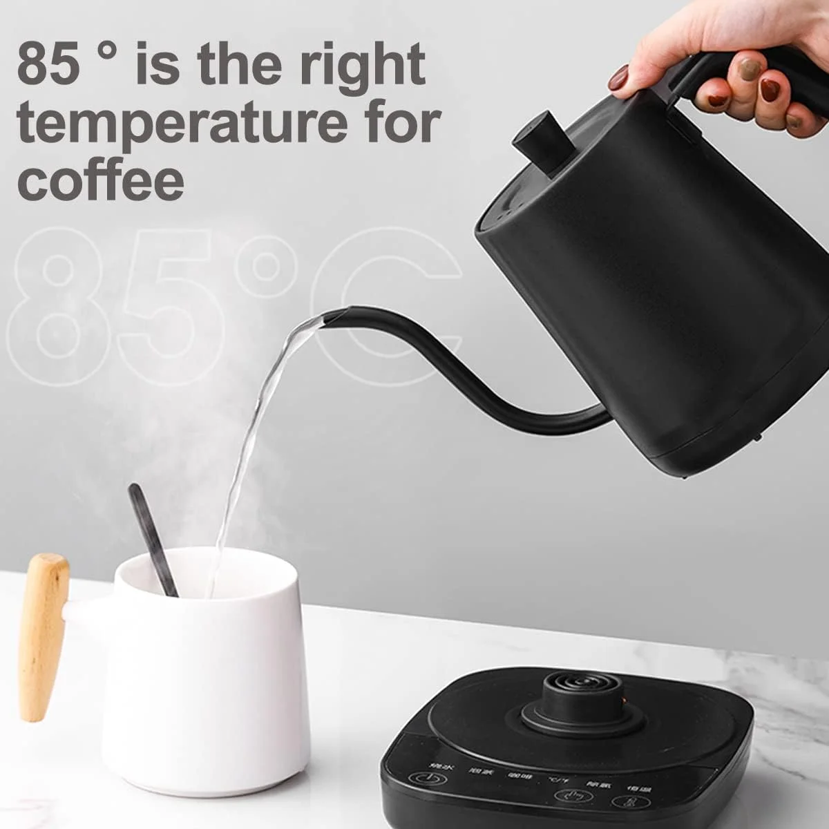 کتری برقی گردن غازی جورانب با کنترل دما 0.8 لیتری، 4 حالت مختلف برای تهیه قهوه و چای، دسته چوبی، داخل استیل ضد زنگ 100% با طراحی ضد نشت، گرمایش سریع 1000 واتی