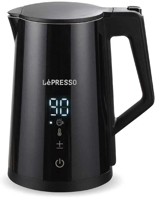 کتری برقی هوشمند بدون سیم LePresso با نمایشگر LED، کنترل لمسی و اپلیکیشن، ظرفیت 1.7 لیتر، 2200 وات، عملکرد تایمر، محافظت در برابر خشک شدن، استیل ضد زنگ و سبک - مشکی