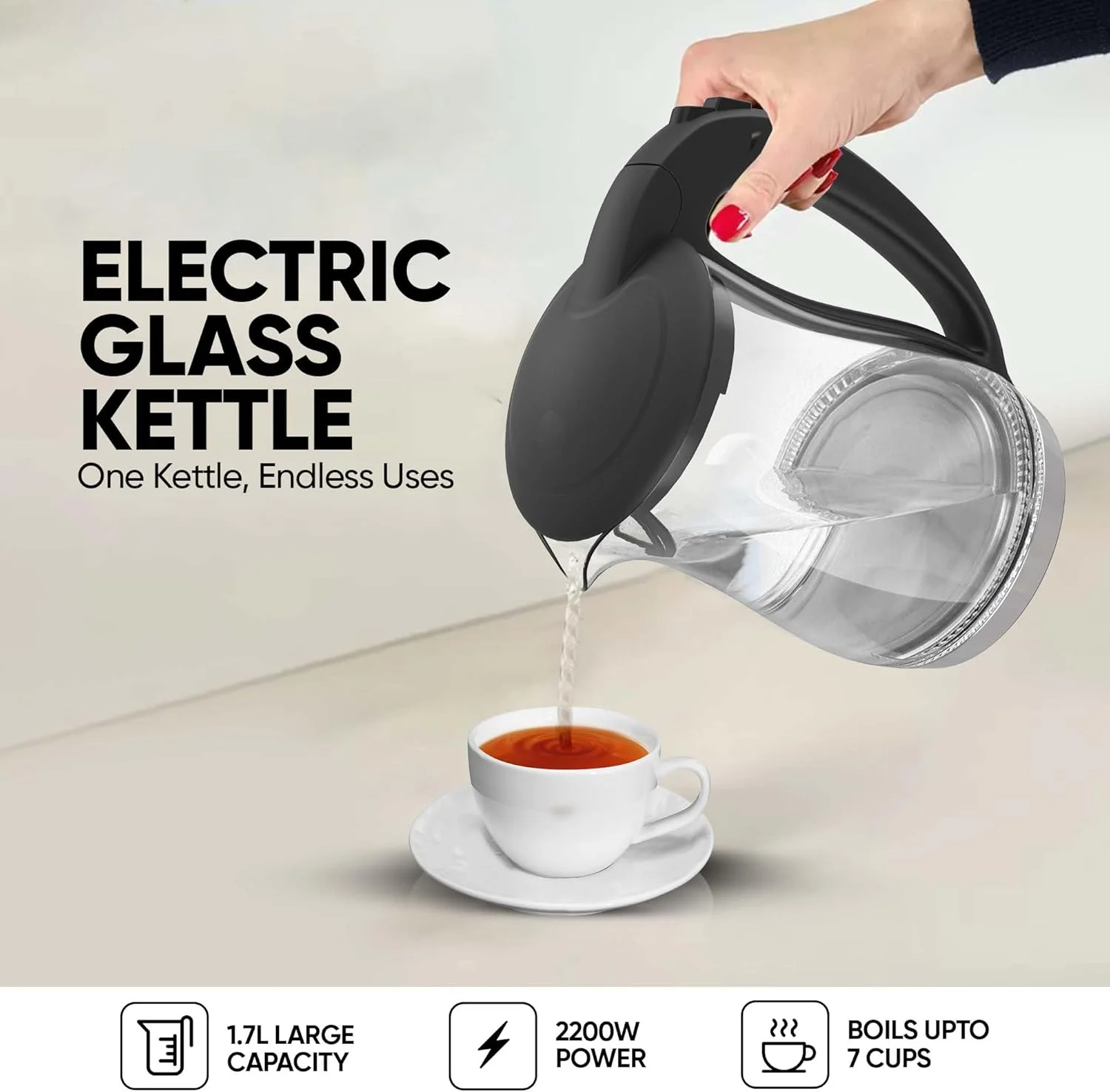 کتری برقی شیشه ای نیکای 1.7 لیتری 2200 وات، نشانگر LED، خاموش شدن خودکار، محل نگهداری سیم، پایه چرخان 360 درجه، طراحی شیک، پایه ضد لغزش، فیلتر جداشدنی، جوشاندن سریع، مناسب برای استفاده در خانه و محل کار - NK323G