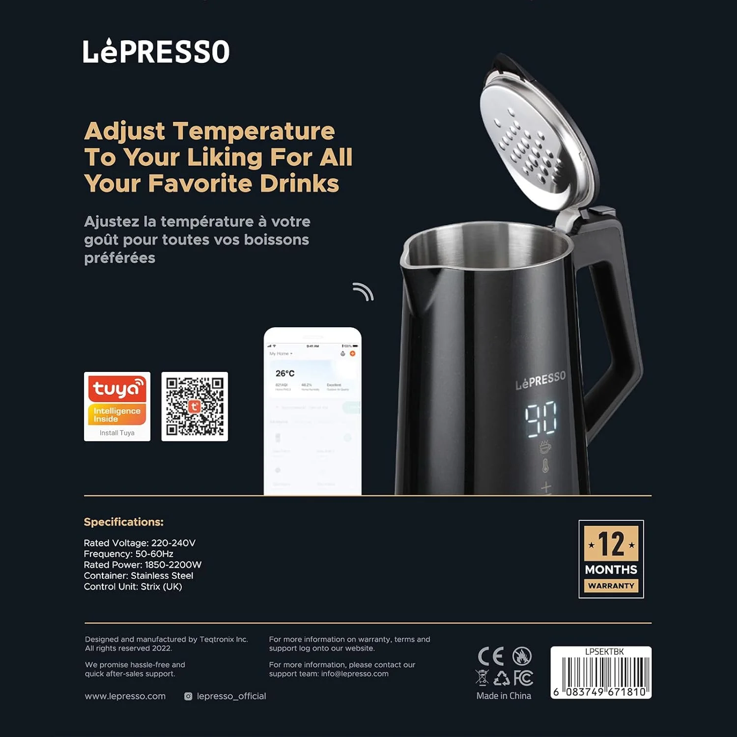 کتری برقی هوشمند بدون سیم LePresso با نمایشگر LED، کنترل لمسی و اپلیکیشن، ظرفیت 1.7 لیتر، 2200 وات، عملکرد تایمر، محافظت در برابر خشک شدن، استیل ضد زنگ و سبک - مشکی