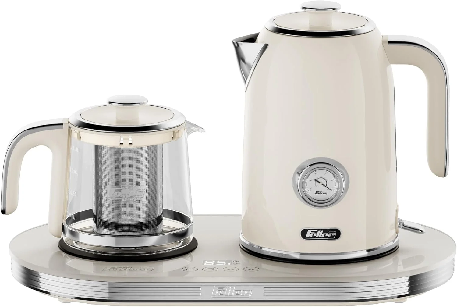 دستگاه چای ساز/قهوه ساز رترو 2 در 1 فلر آلمان 2200 وات + کتری برقی استیل 1.7 لیتری با استریکس، قوری با دمای قابل تنظیم لمسی + نمایشگر LED، مدل TS490، نسخه امارات (کرم)