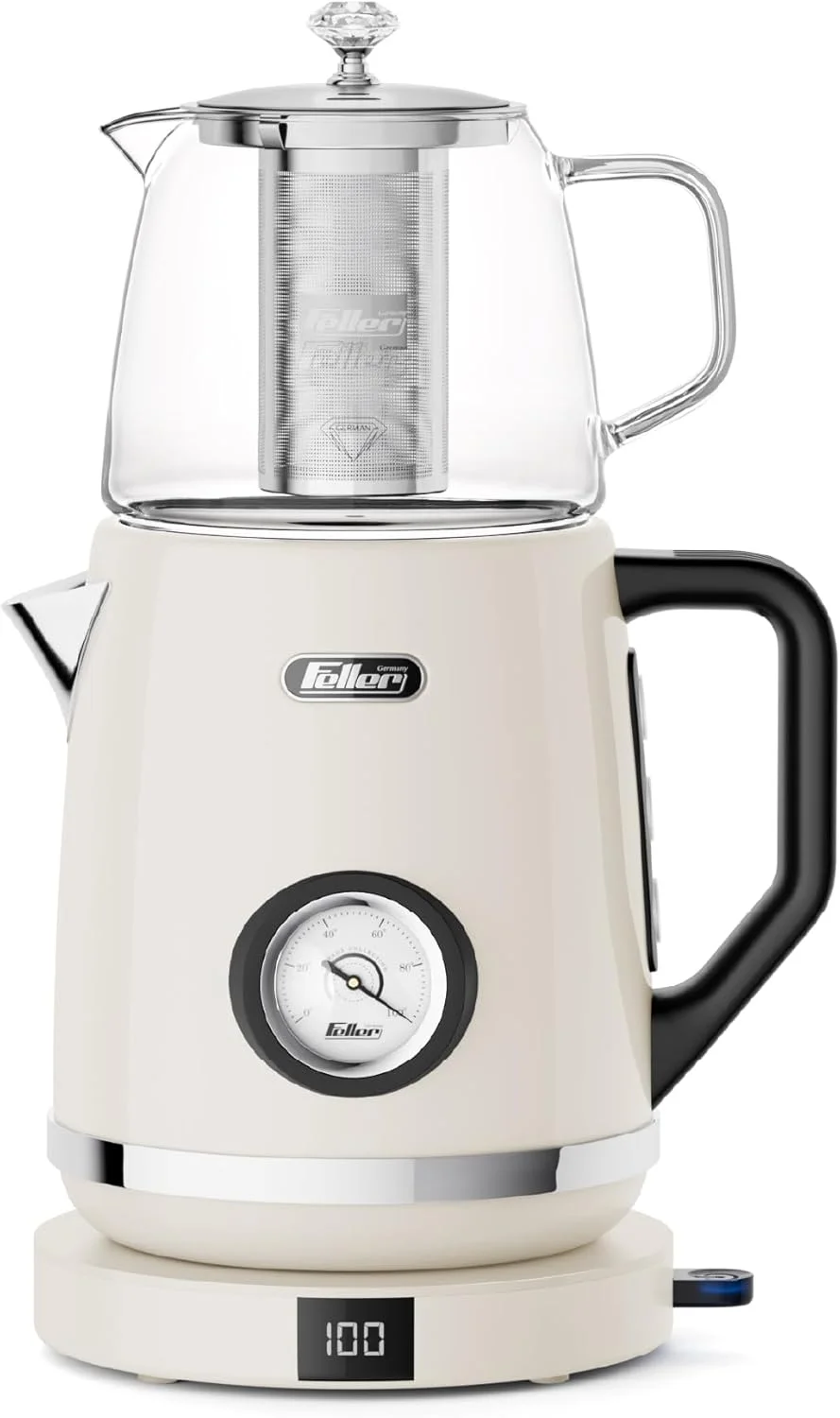 فلر آلمان، چای ساز و کتری برقی استیل 2 در 1 مدل رترو، 1.7 لیتری، 2200 وات، تنظیم دمای لمسی 85/95/100 درجه سانتیگراد، نمایشگر LED، مدل TS290، نسخه امارات (کرم)