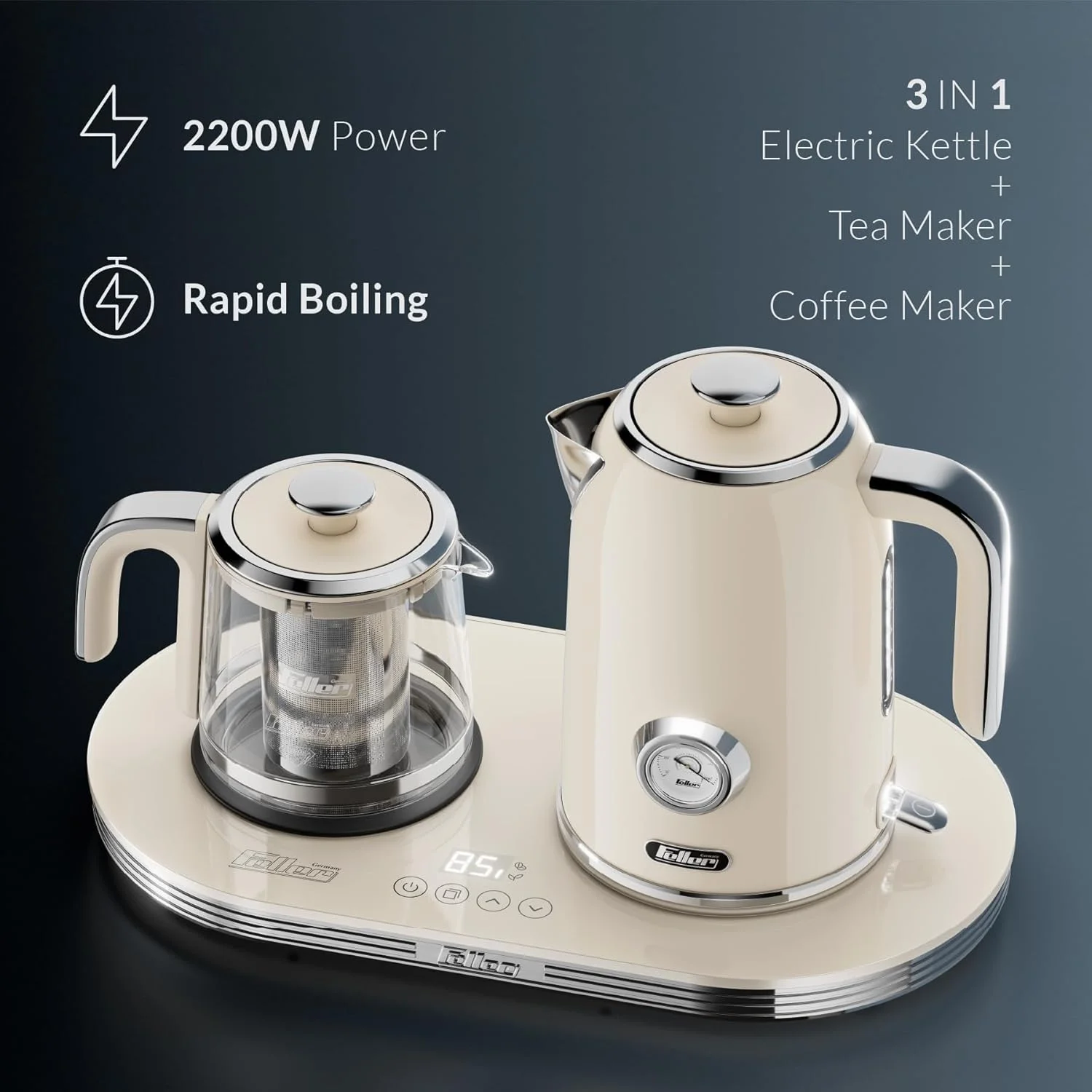 دستگاه چای ساز/قهوه ساز رترو 2 در 1 فلر آلمان 2200 وات + کتری برقی استیل 1.7 لیتری با استریکس، قوری با دمای قابل تنظیم لمسی + نمایشگر LED، مدل TS490، نسخه امارات (کرم)