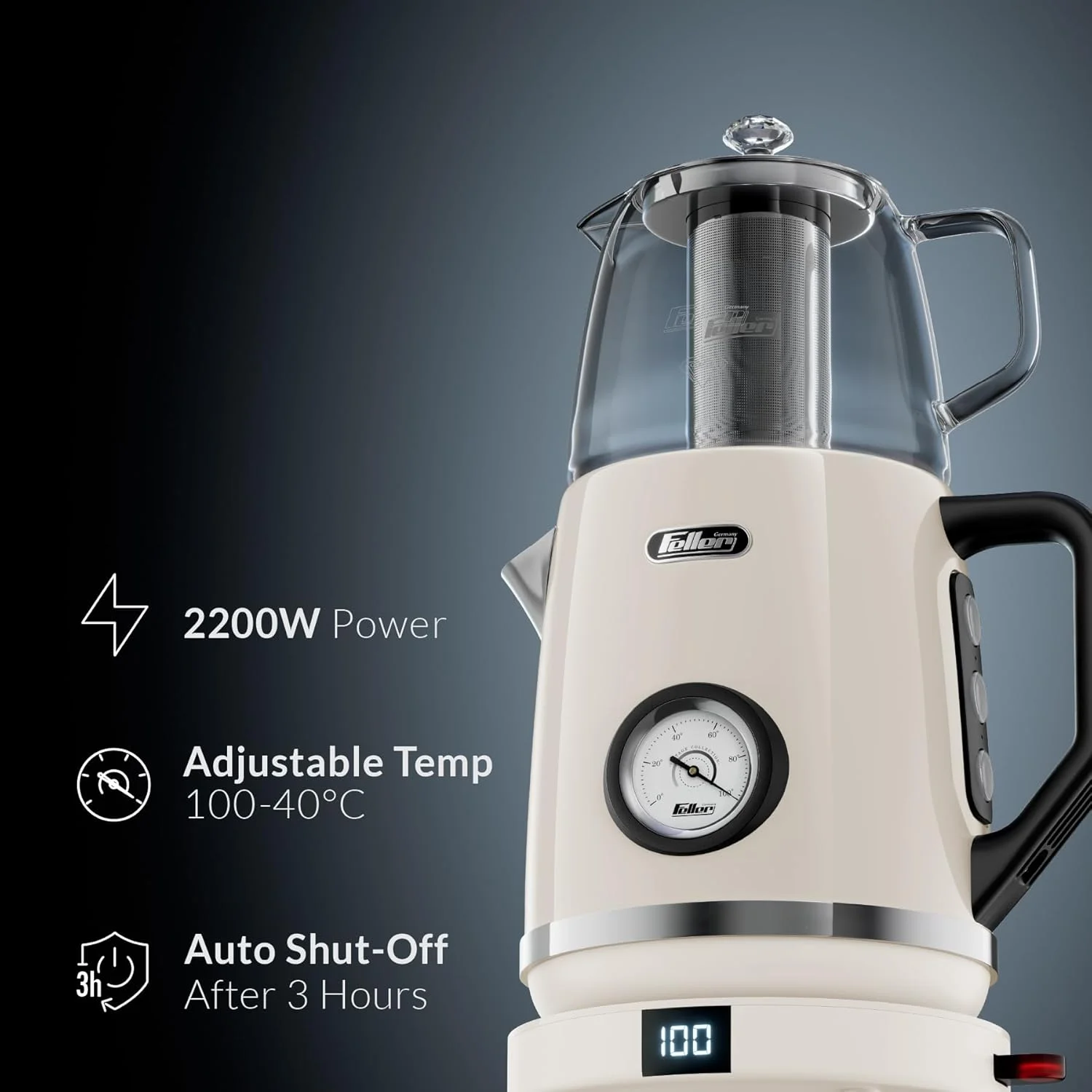 فلر آلمان، چای ساز و کتری برقی استیل 2 در 1 مدل رترو، 1.7 لیتری، 2200 وات، تنظیم دمای لمسی 85/95/100 درجه سانتیگراد، نمایشگر LED، مدل TS290، نسخه امارات (کرم) فلر آلمان، چای ساز و کتری برقی استیل 2 در 1 مدل رترو، 1.7 لیتری، 2200 وات، تنظیم دمای لمسی 85/95/100 درجه سانتیگراد، نمایشگر LED، مدل TS290، نسخه امارات (کرم)