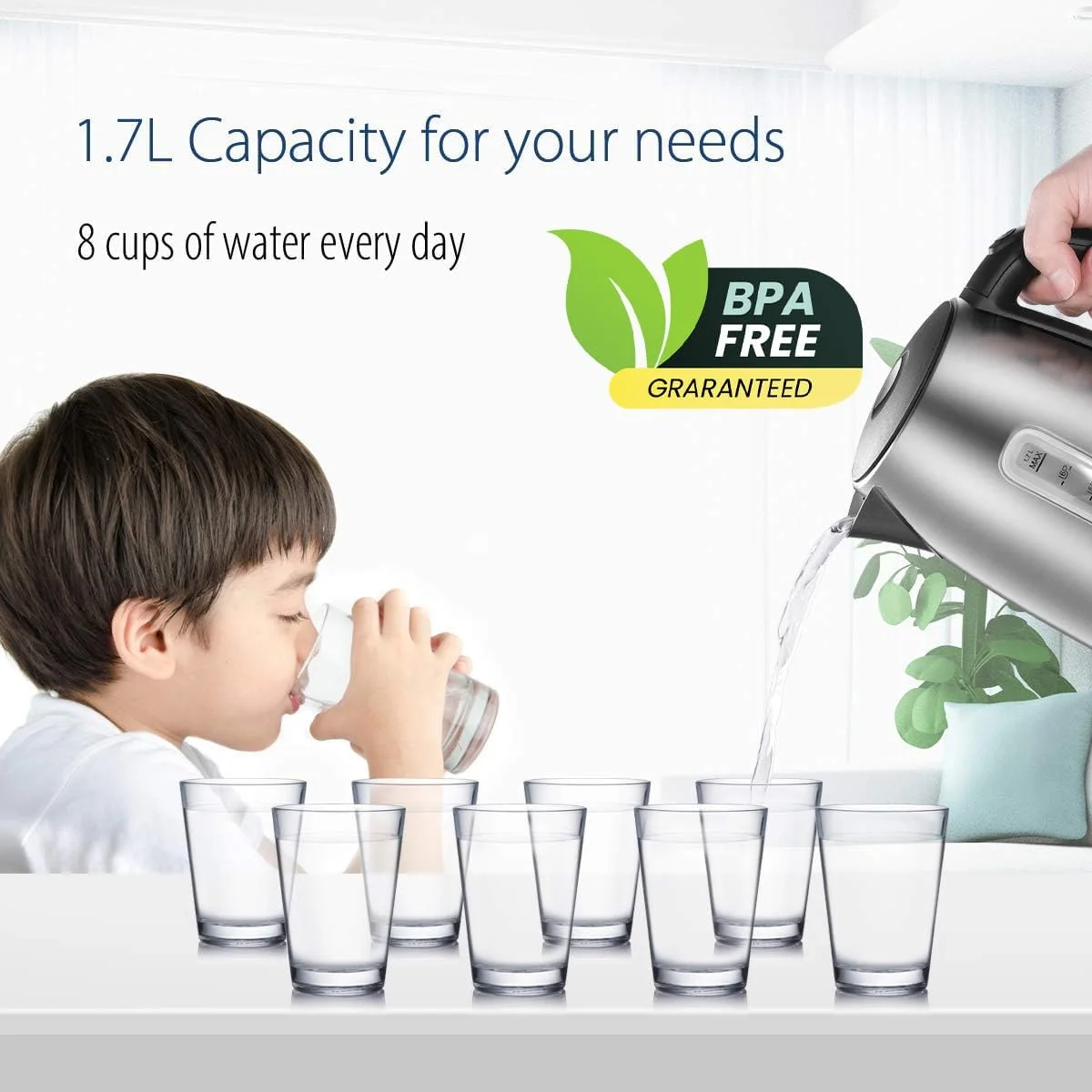 کتری برقی استیل COMFEE، کتری آب جوش 2200 وات با ظرفیت 1.7 لیتر، جوش سریع با چراغ LED، خاموش شدن خودکار و محافظت در برابر خشک شدن