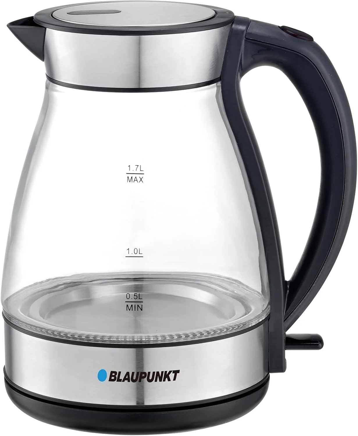 کتری برقی شیشه ای بیسیم ۲۲۰۰ وات Blaupunkt مدل BKG422 با ظرفیت ۱.۷ لیتر، بدنه بوروسیلیکات، نور آبی ملایم LED، خاموش شدن خودکار، محافظت در برابر خشک شدن، المنت حرارتی مخفی، پایه چرخان ۳۶۰ درجه و دهانه بدون چکه