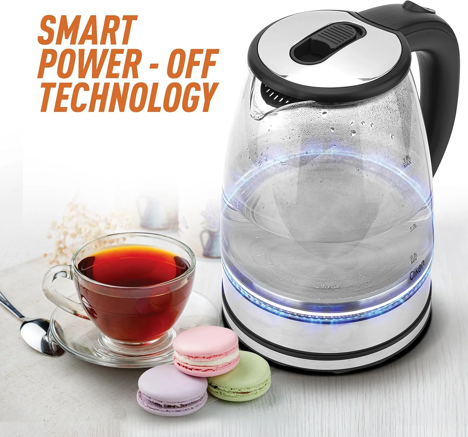 کتری برقی شیشه ای 1.8 لیتری بدون سیم Clikon با پایه چرخان 360 درجه، محل نگهداری سیم برق، عملکرد قطع خودکار، نشانگر LED، 1500 وات، شفاف - CK5138