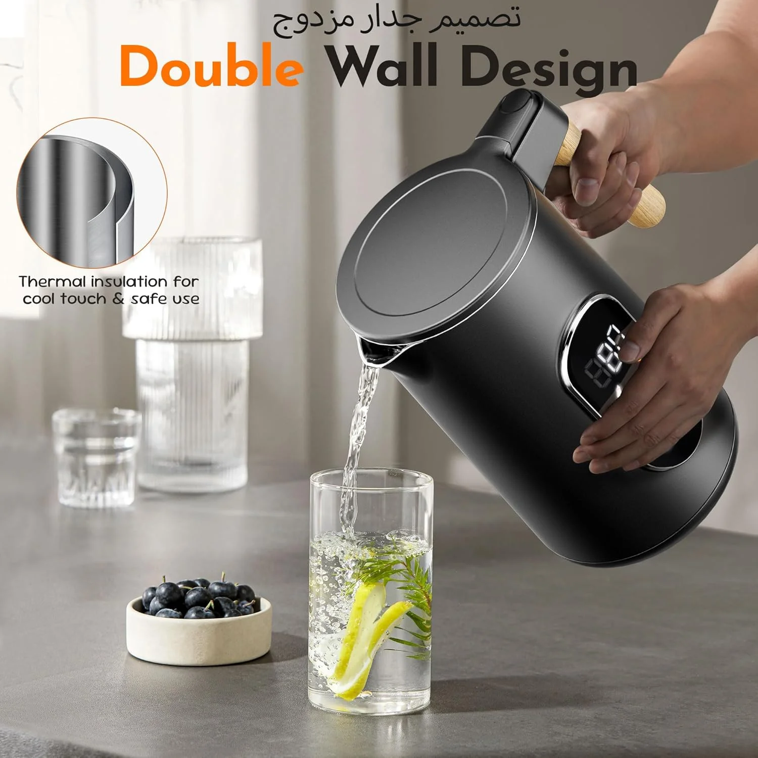 کتری برقی 2200 وات با قابلیت جوشاندن سریع آب، کتری 1.7 لیتری استیل ضد زنگ با کنترل دما و صفحه لمسی LED، دارای دو جداره ضد سوختگی و گرم نگهدارنده 2 ساعته مناسب برای منزل