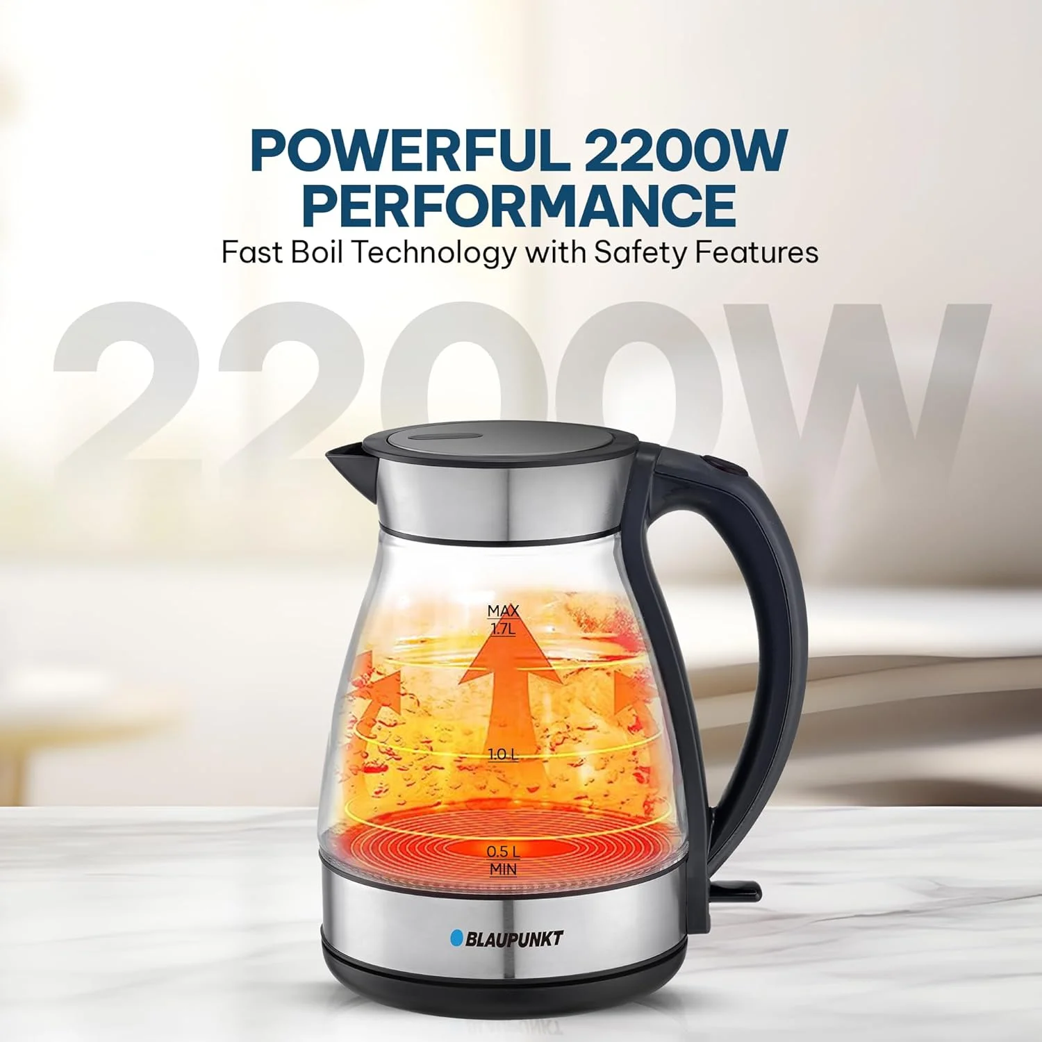 کتری برقی شیشه ای بیسیم ۲۲۰۰ وات Blaupunkt مدل BKG422 با ظرفیت ۱.۷ لیتر، بدنه بوروسیلیکات، نور آبی ملایم LED، خاموش شدن خودکار، محافظت در برابر خشک شدن، المنت حرارتی مخفی، پایه چرخان ۳۶۰ درجه و دهانه بدون چکه