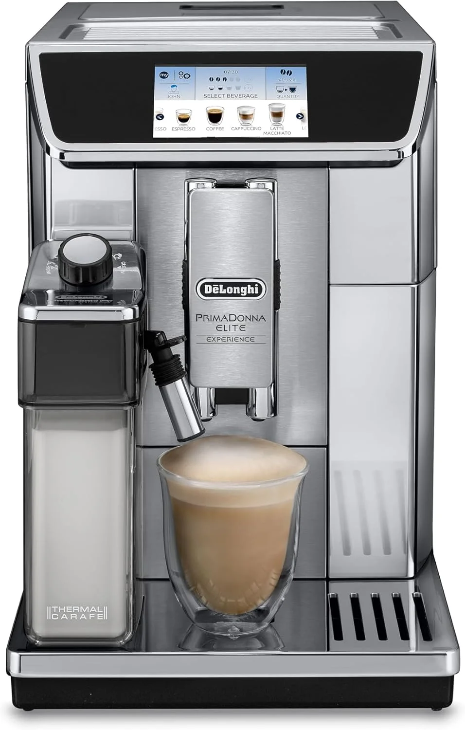 دستگاه قهوه ساز تمام اتوماتیک دانه به فنجان De'Longhi PrimaDonna Elite، دارای 18+ دستور تهیه نوشیدنی، اسپرسو، کاپوچینو، لاته، ماکیاتو، آمریکانو، قهوه ساز تک لمسی، نقره ای/مشکی ECAM650.75.MS