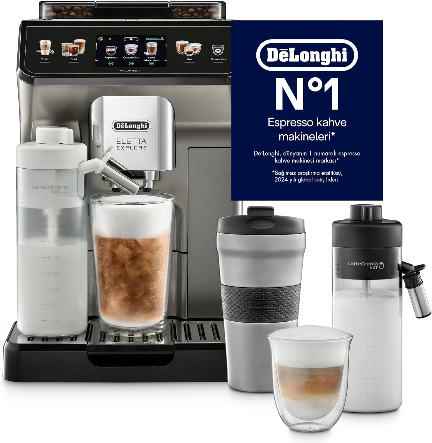 دستگاه قهوه ساز دانه به فنجان دلونگی Eletta Explore با فناوری Latte cream Hot and cool، فناوری Cold extraction، با نمایشگر 3.5 اینچی TFT و کنترل نرم، اتصال وای فای - تیتانیوم، ECAM450.86.T