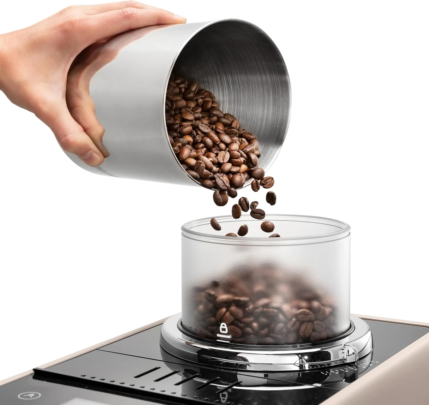 دستگاه قهوه ساز تمام اتوماتیک دلونگی مدل Rivelia EXAM440.55.BG – LatteCrema Hot، کف شیر ساز اتوماتیک، از دانه تا فنجان، 16 دستور قهوه، طراحی جمع و جور، صفحه نمایش رنگی لمسی کامل – بژ شنی (بازسازی شده)