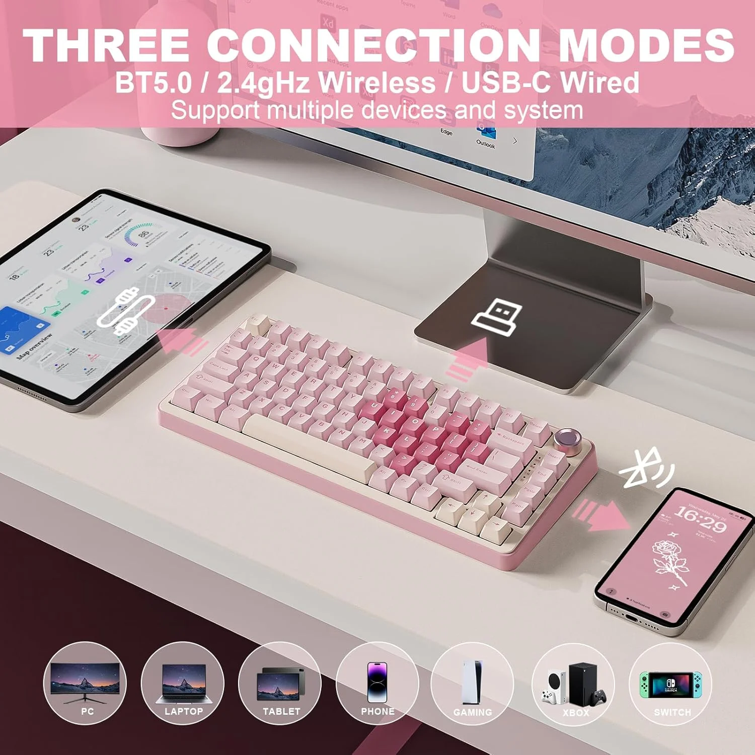 کیبورد مکانیکی وایرلس YUNZII B75 PRO، کیبورد گیمینگ 75% با قابلیت تعویض آسان، دارای دکمه چرخشی، سوییچهای از پیش روغنکاری شده RGB، بلوتوث/Type-C/2.4G (صورتی، سوییچ شیری) کیبورد مکانیکی وایرلس YUNZII B75 PRO، کیبورد گیمینگ 75% با قابلیت تعویض آسان، دارای دکمه چرخشی، سوییچهای از پیش روغنکاری شده RGB، بلوتوث/Type-C/2.4G (صورتی، سوییچ شیری)