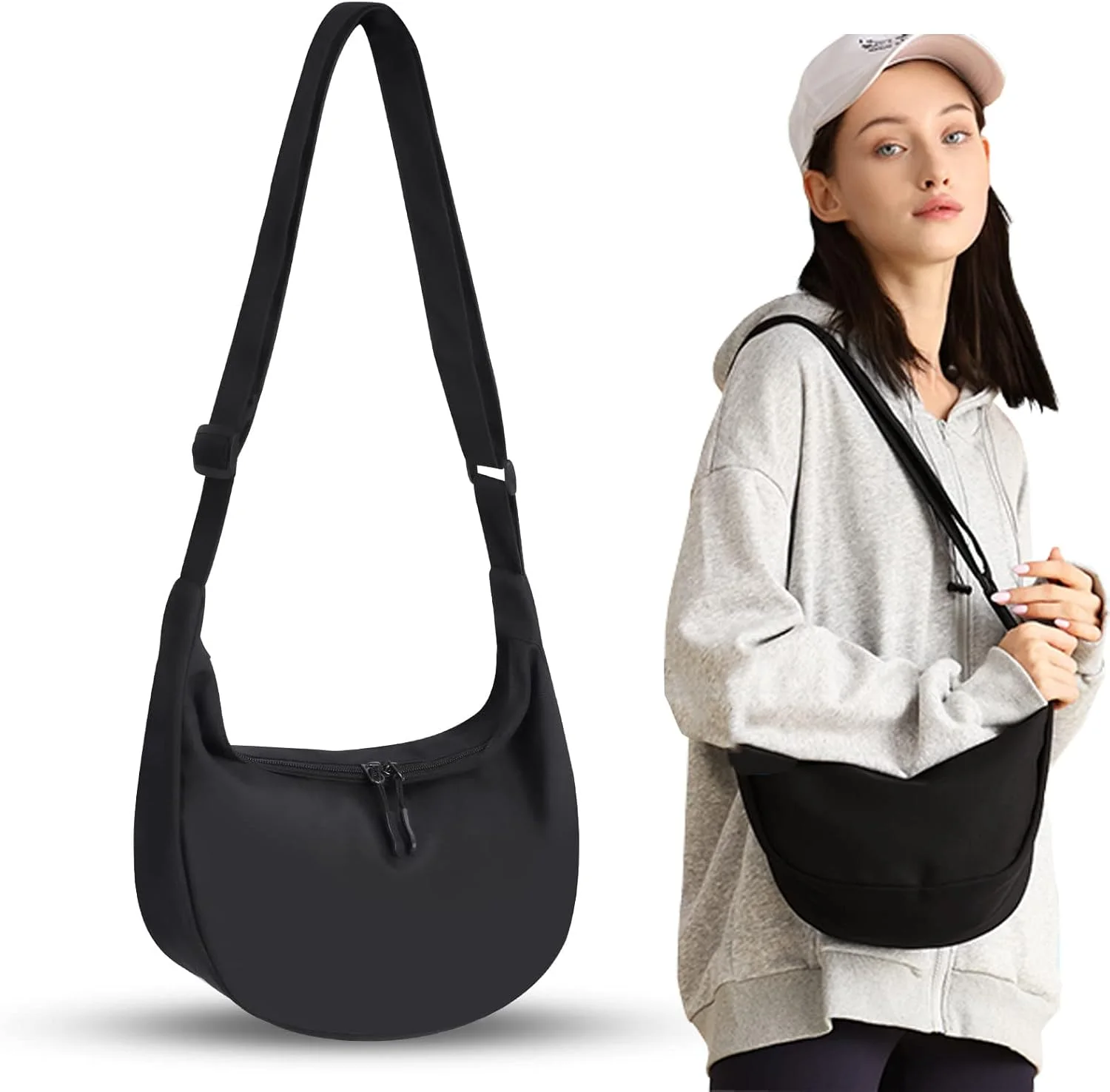 کیف دوشی کوچک برای زنان و مردان، کیف دوشی اسپرت با بند قابل تنظیم، کیف کمری نایلونی سبک وزن با 2 زیپ برای مدرسه، مسافرت، پیاده روی (مشکی)