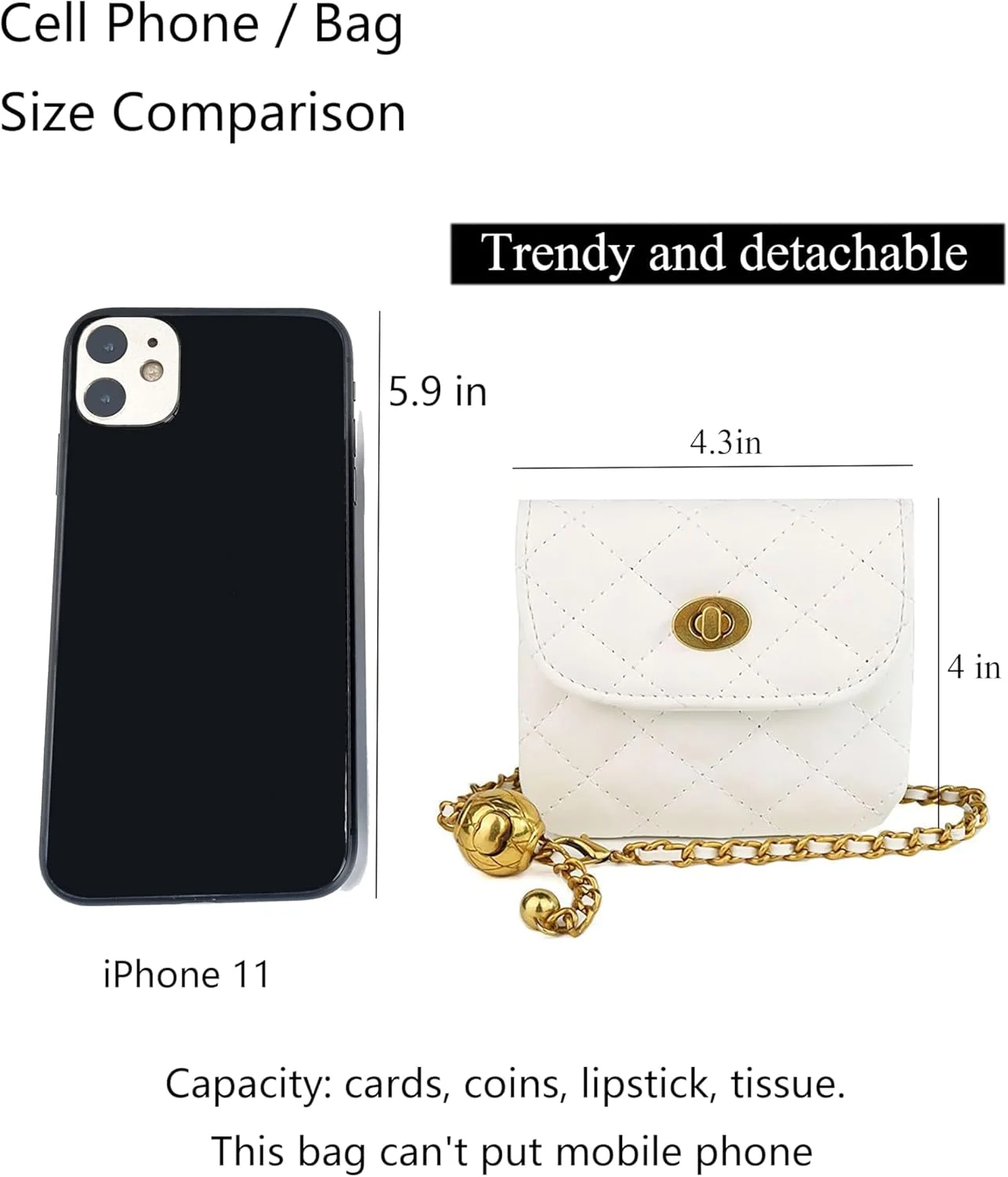 کیف کمری زنجیری کوچک زنانه، زنجیر فلزی قابل تنظیم، کیف پول کمری کراس بادی، کیف دستی کوچک مجلسی قابل جدا شدن (سفید) کیف کمری زنجیری کوچک زنانه، زنجیر فلزی قابل تنظیم، کیف پول کمری کراس بادی، کیف دستی کوچک مجلسی قابل جدا شدن (سفید)