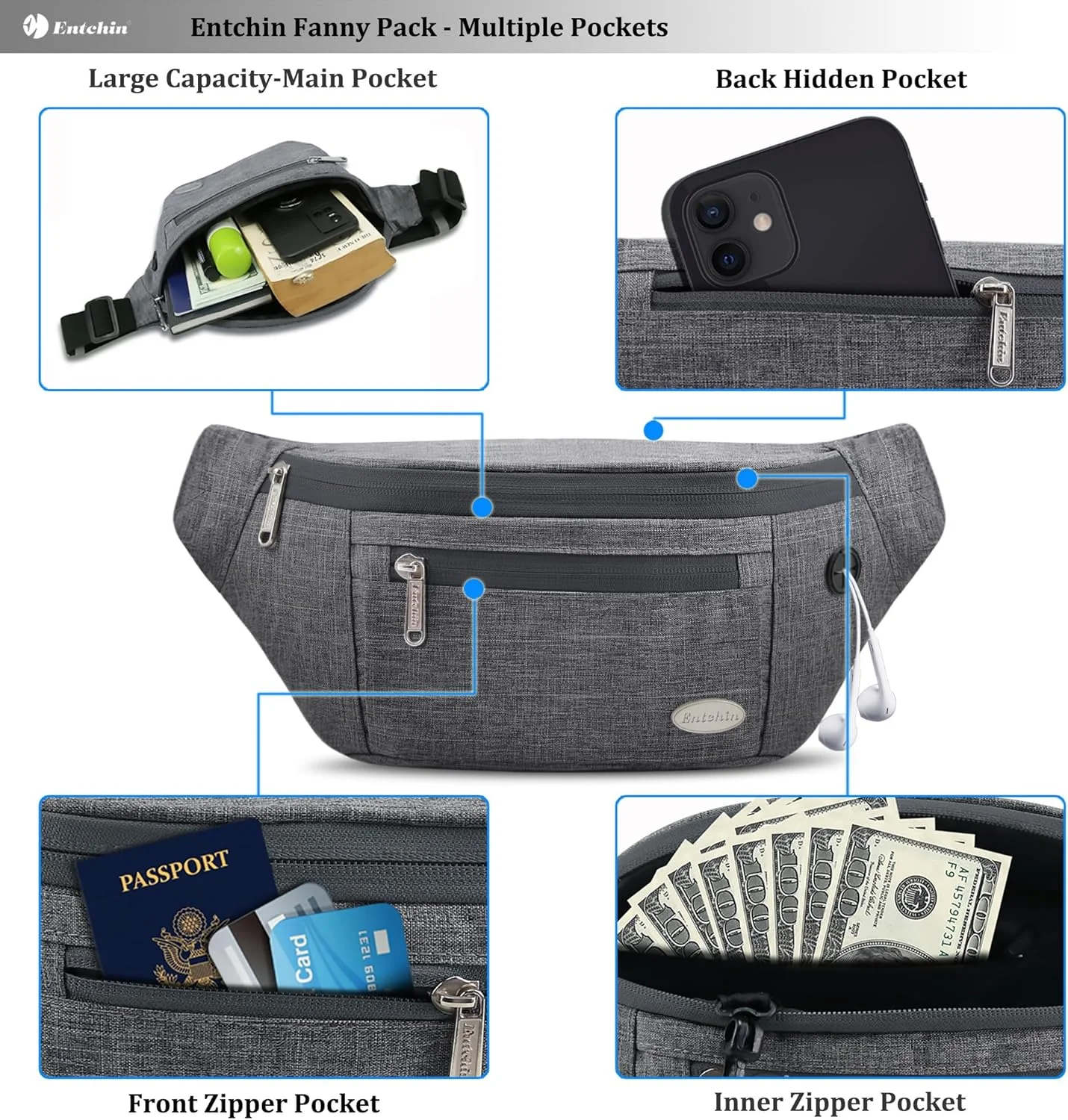 کیف کمری Entchin برای زنان و مردان، کیف دوشی با 4 جیب زیپ‌دار، ظرفیت بزرگ و ضد آب، مناسب برای پیاده‌روی، دویدن، مسافرت و دوچرخه‌سواری