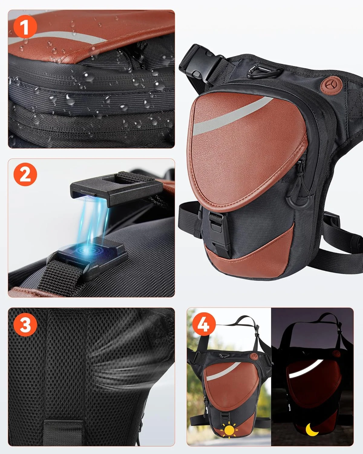 کیف ران موتورسیکلت AGPTEK، کیف ران چرمی ضد آب با نوارهای بازتابنده، کیف کمری چند منظوره با 3 دنده قابل تنظیم و ظرفیت بزرگ برای مردان، زنان، دوچرخه سواری، مسافرت