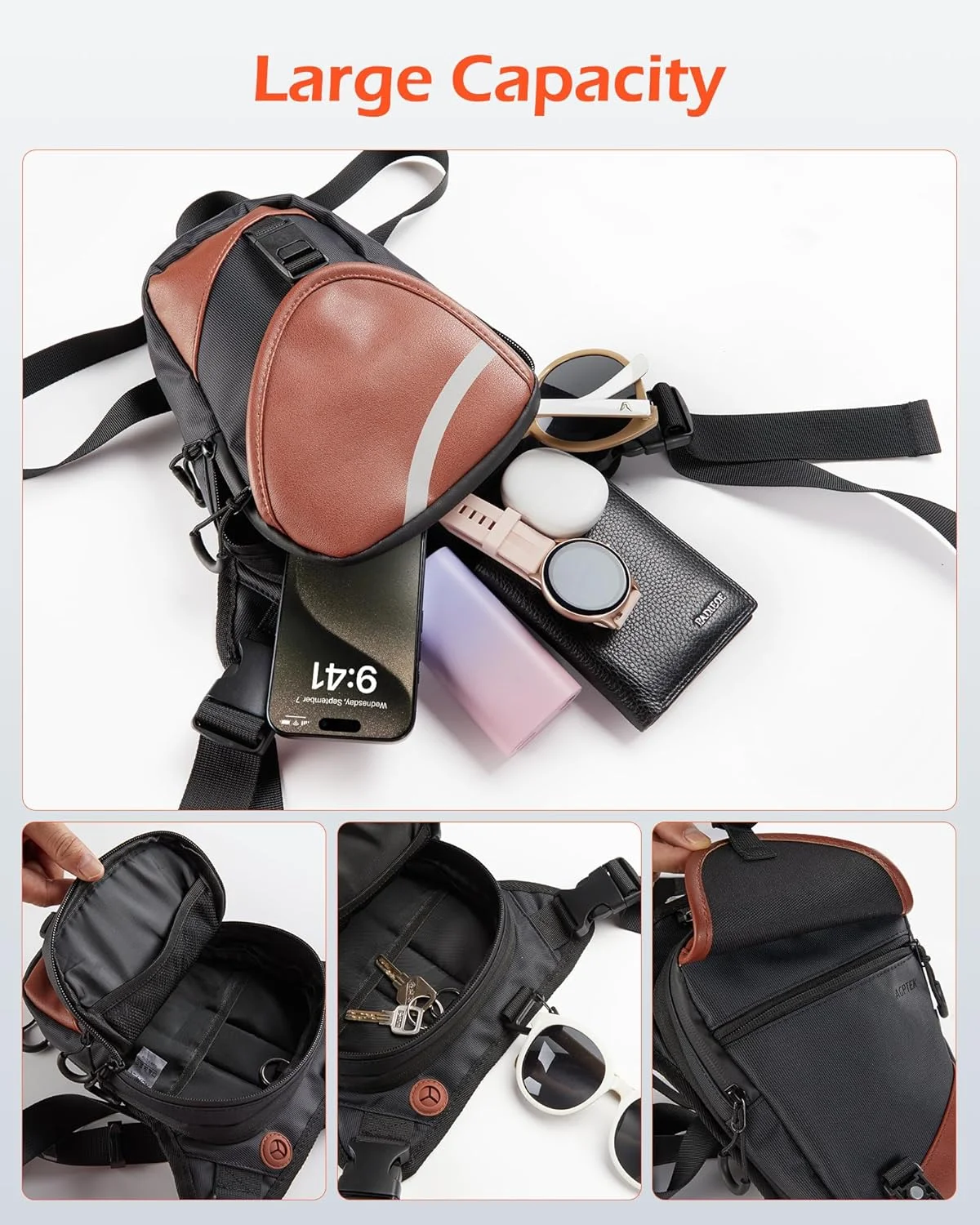 کیف ران موتورسیکلت AGPTEK، کیف ران چرمی ضد آب با نوارهای بازتابنده، کیف کمری چند منظوره با 3 دنده قابل تنظیم و ظرفیت بزرگ برای مردان، زنان، دوچرخه سواری، مسافرت