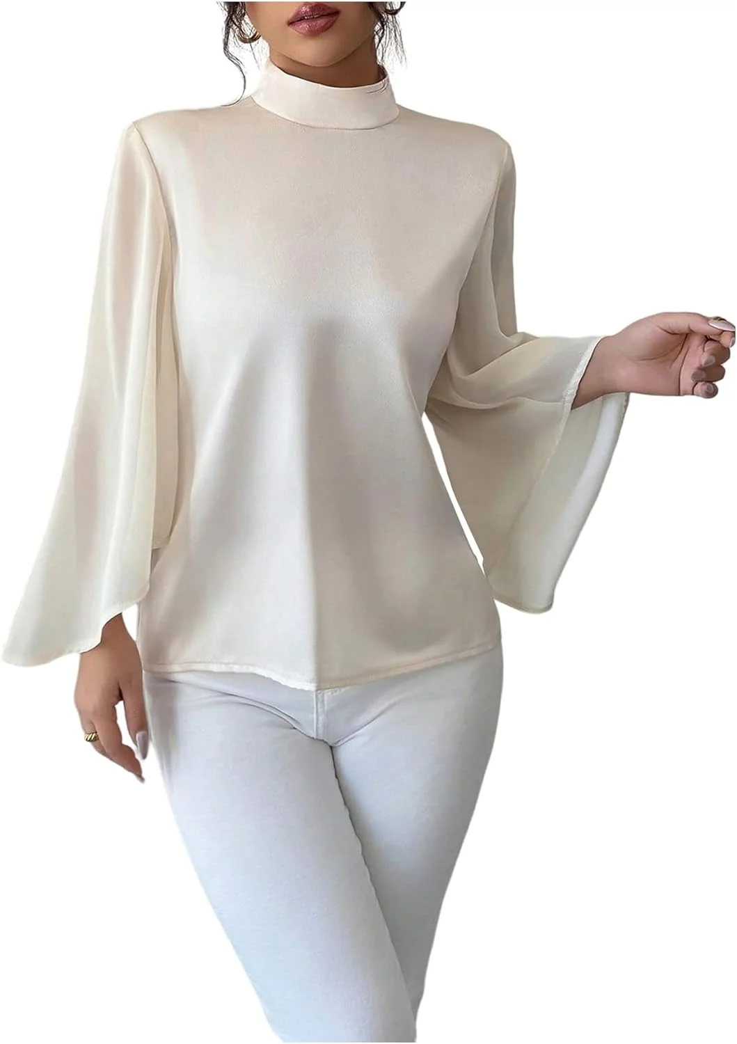 بلوز زنانه ساتن GORGLITTER آستین بلند چین دار، یقه ایستاده، مدل آزاد و شیک