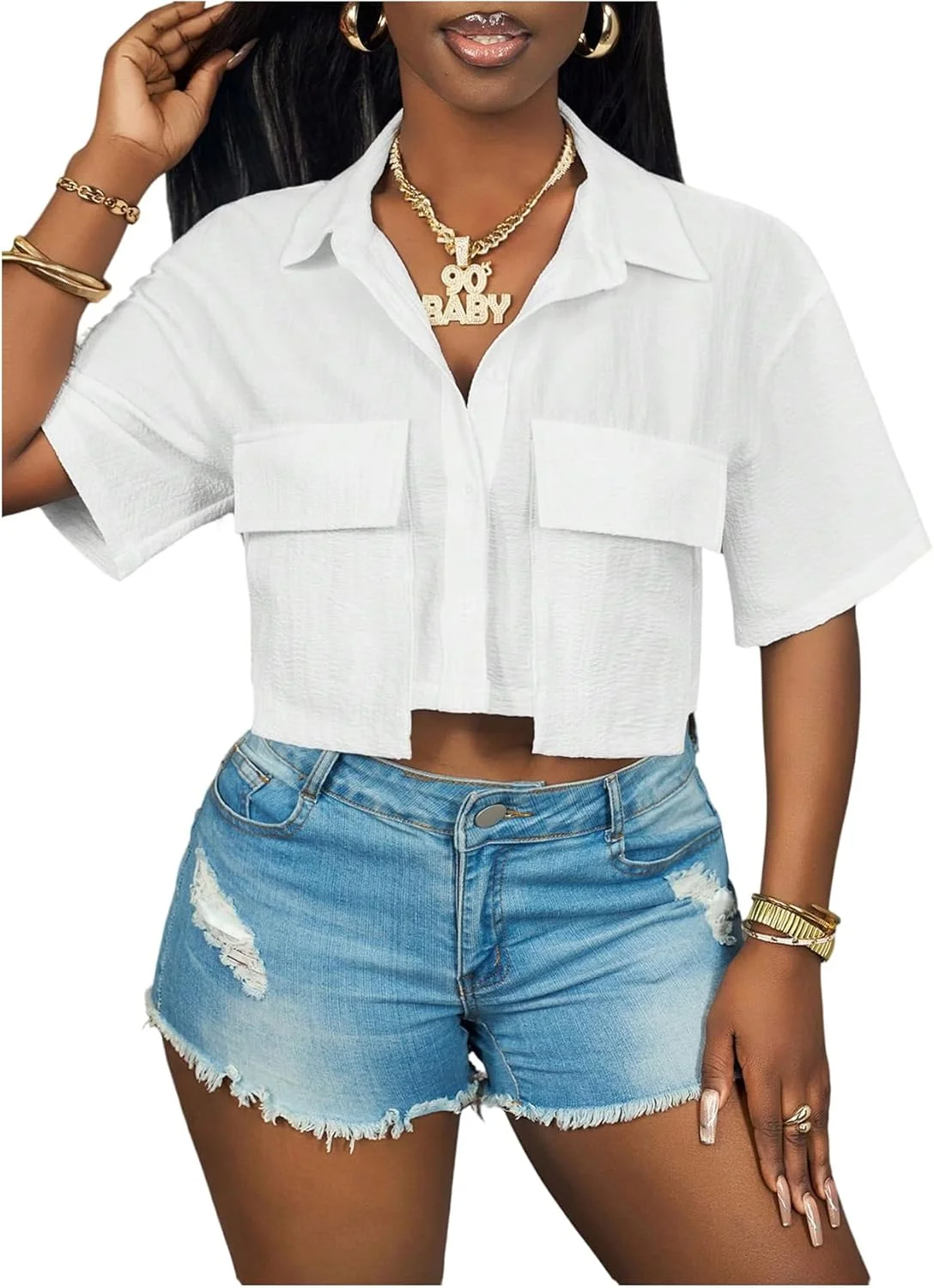 GORGLITTER بلوزهای کوتاه دکمه دار زنانه، آستین کوتاه یقه دار گشاد با جیب