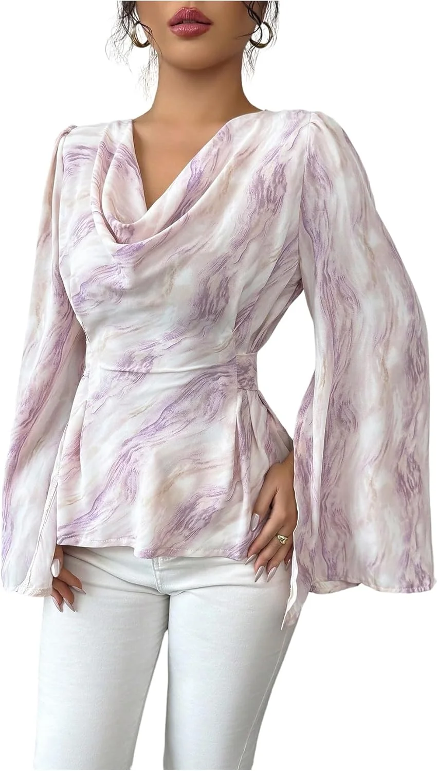 بلوز زنانه طرح‌دار یقه شل آستین بلند چاک‌دار با بند پشتی و مدل پلوم