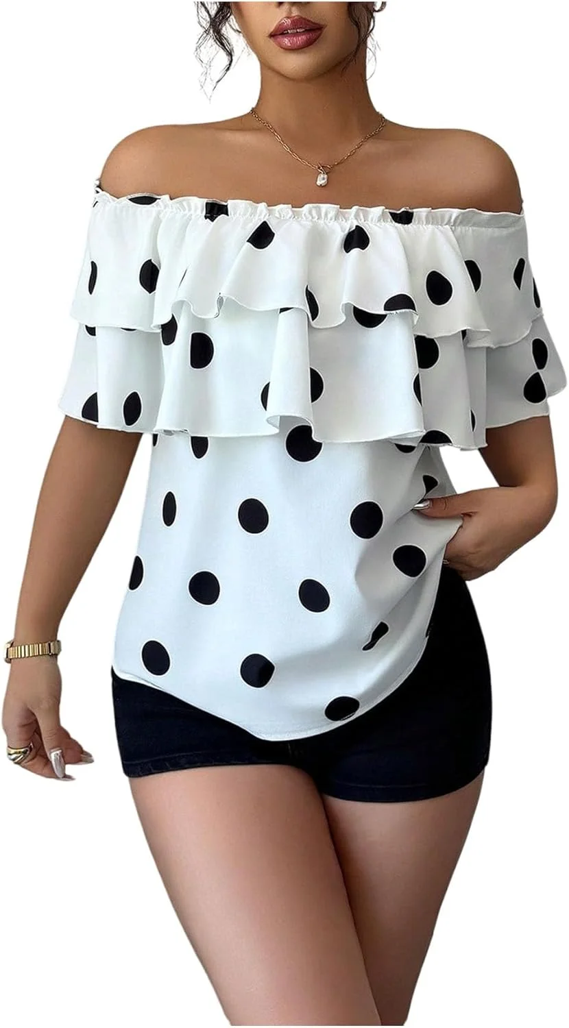 بلوز زنانه GORGLITTER طرح خال خالی، آستین کوتاه، مدل یقه باز و لبه چین دار