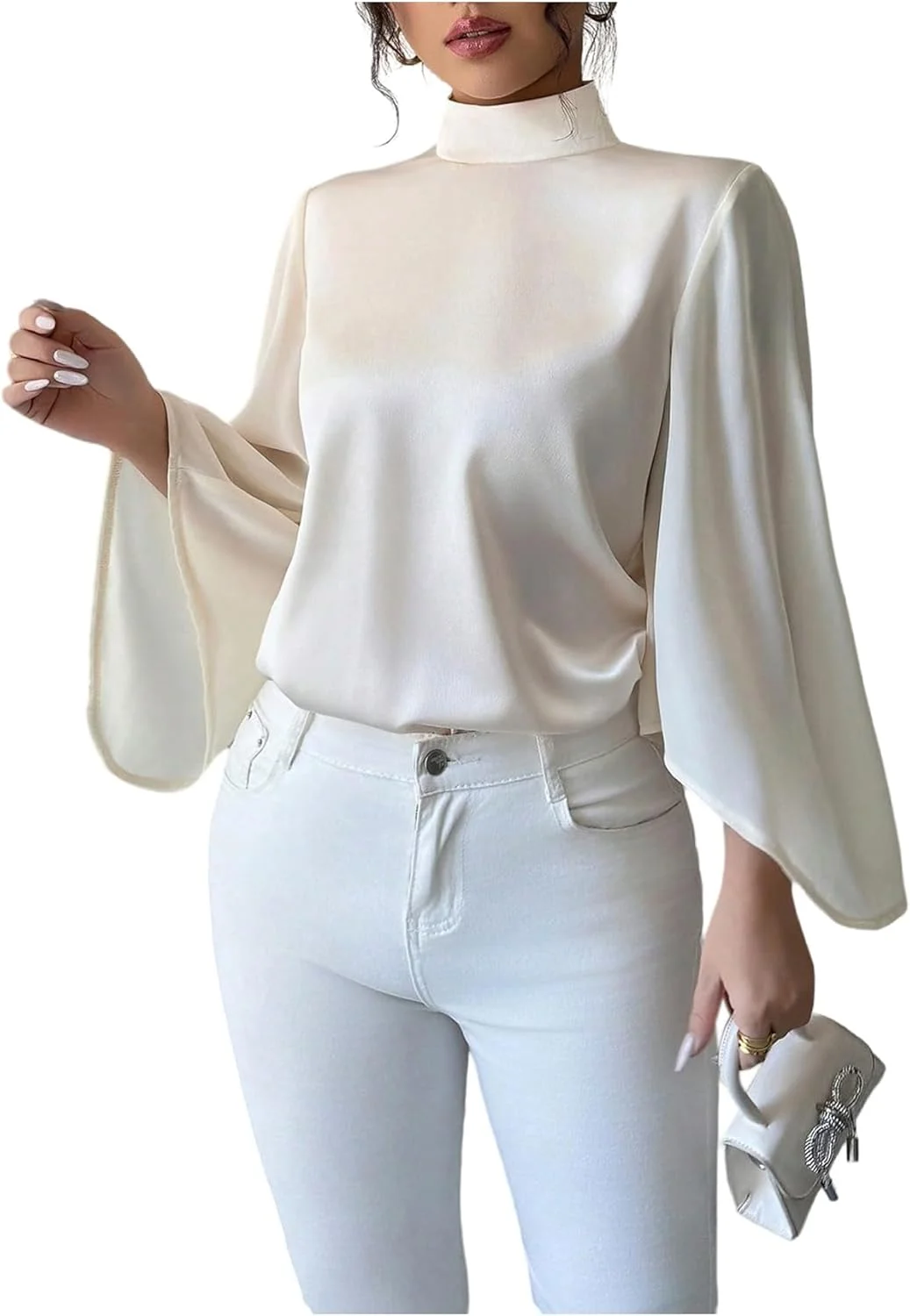 بلوز زنانه ساتن GORGLITTER آستین بلند چین دار، یقه ایستاده، مدل آزاد و شیک