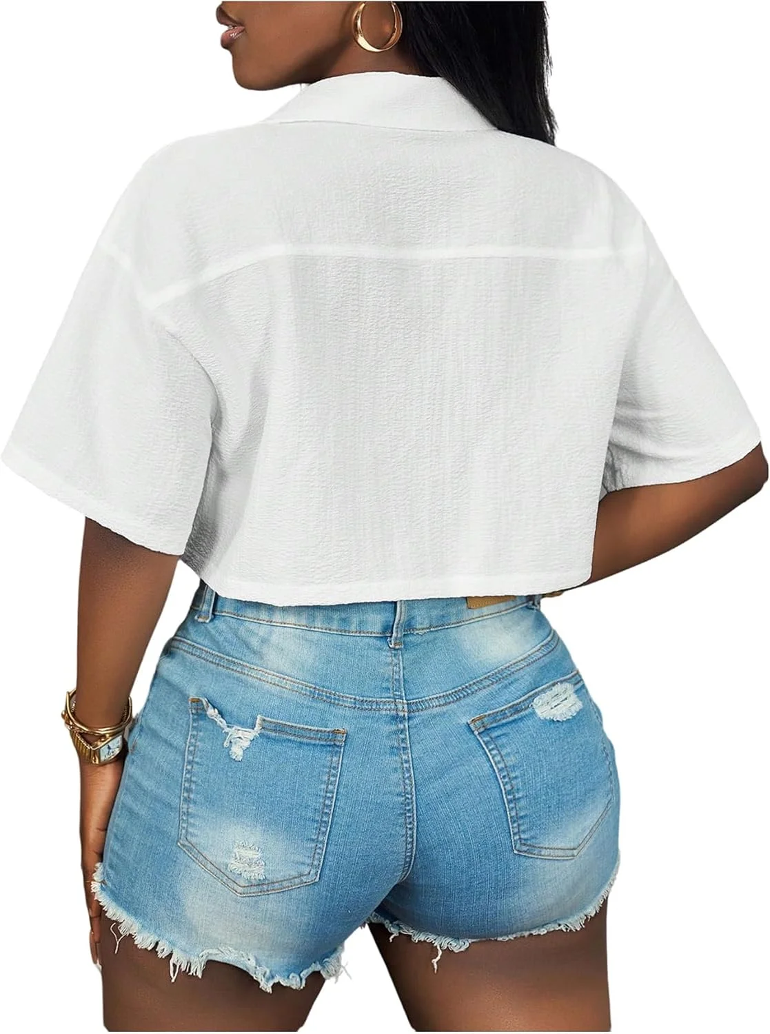 GORGLITTER بلوزهای کوتاه دکمه دار زنانه، آستین کوتاه یقه دار گشاد با جیب