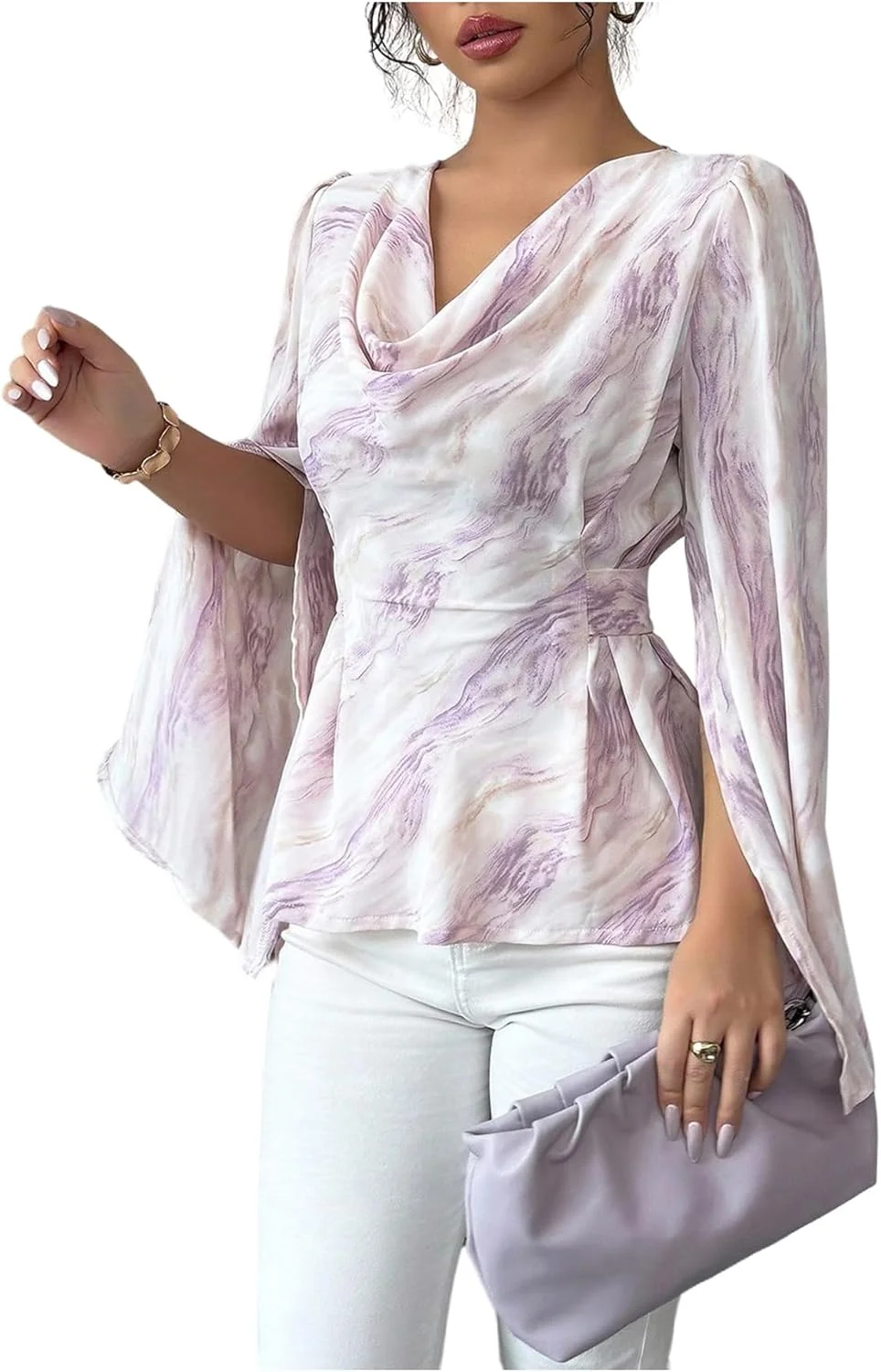 بلوز زنانه طرح‌دار یقه شل آستین بلند چاک‌دار با بند پشتی و مدل پلوم