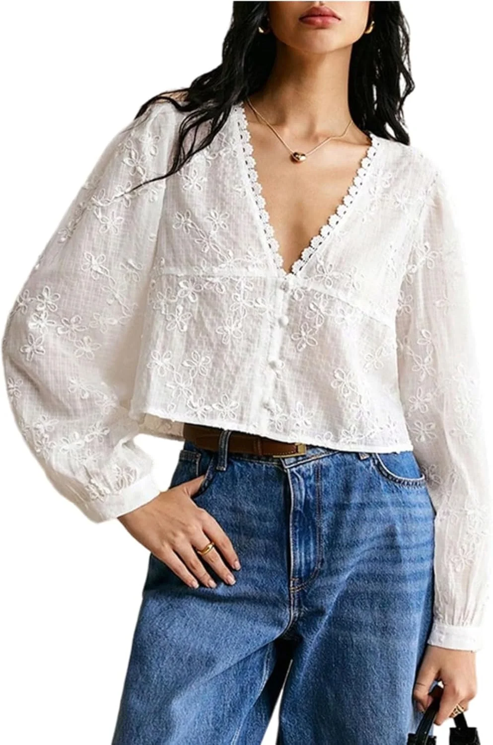 بلوز آستین بلند زنانه GORGLITTER با یقه هفت عمیق، گلدوزی توری و دکمه