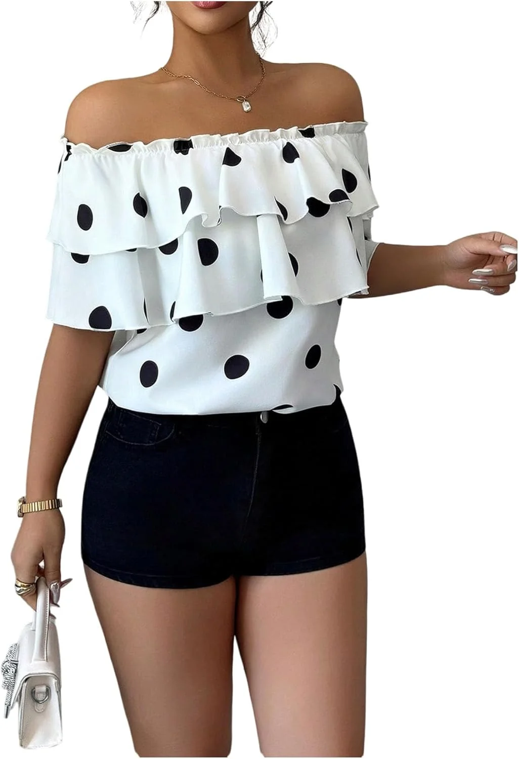 بلوز زنانه GORGLITTER طرح خال خالی، آستین کوتاه، مدل یقه باز و لبه چین دار