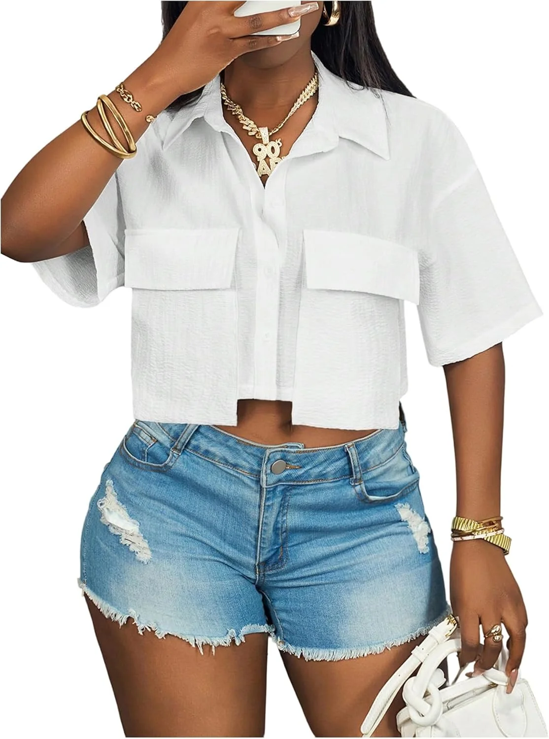 GORGLITTER بلوزهای کوتاه دکمه دار زنانه، آستین کوتاه یقه دار گشاد با جیب