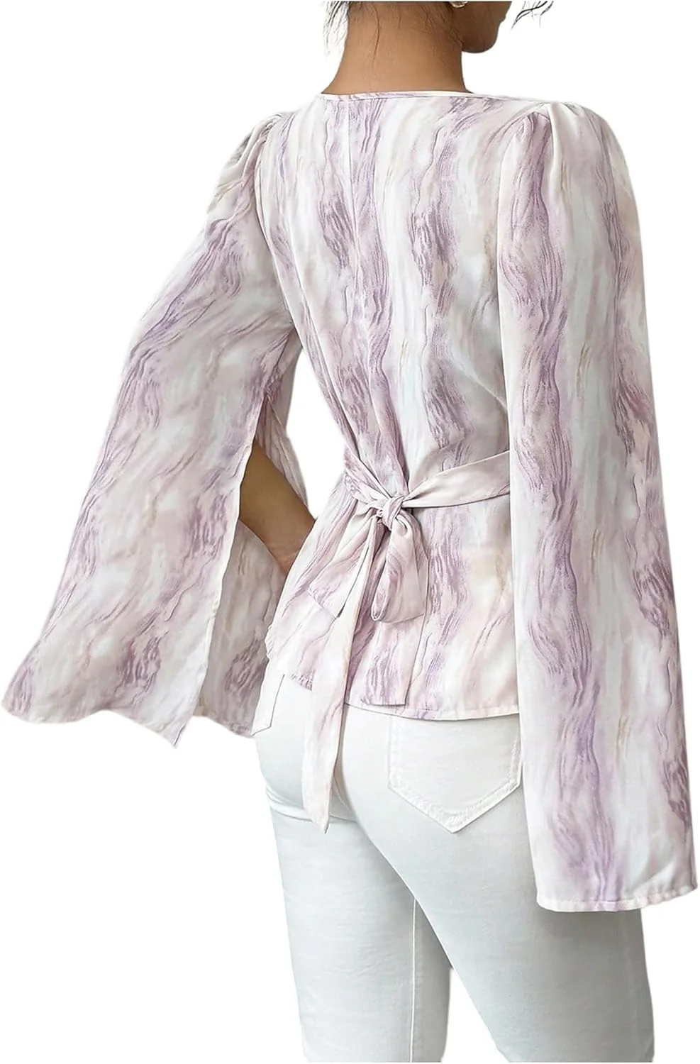 بلوز زنانه طرح‌دار یقه شل آستین بلند چاک‌دار با بند پشتی و مدل پلوم