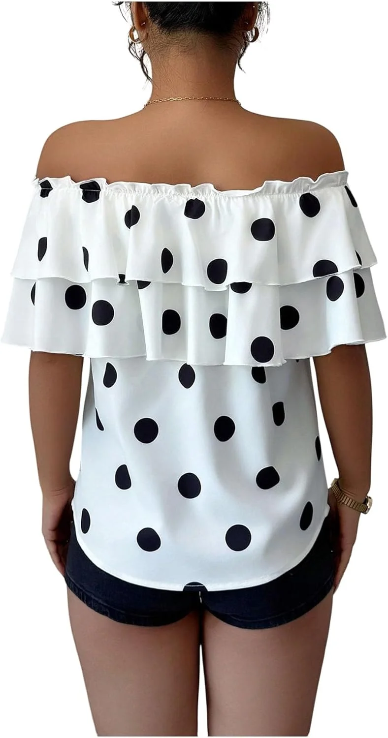 بلوز زنانه GORGLITTER طرح خال خالی، آستین کوتاه، مدل یقه باز و لبه چین دار